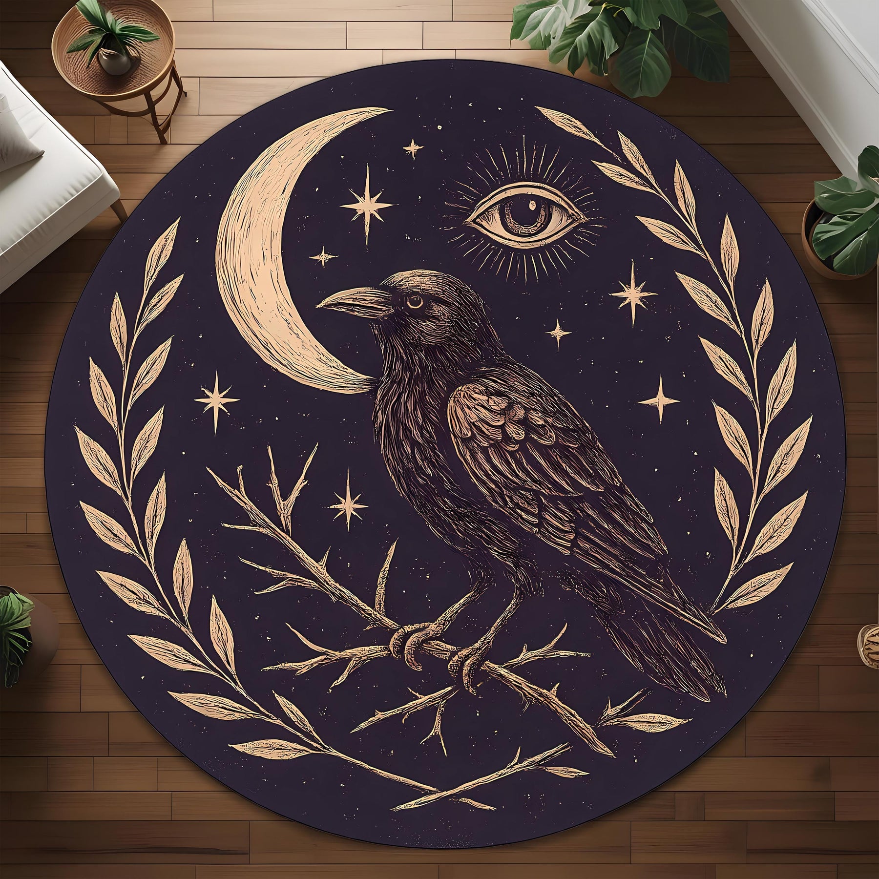 Raven Moon Round Rug: Mystic Crow Design With Eye & Stars For Gothic Or Occult Room Decor