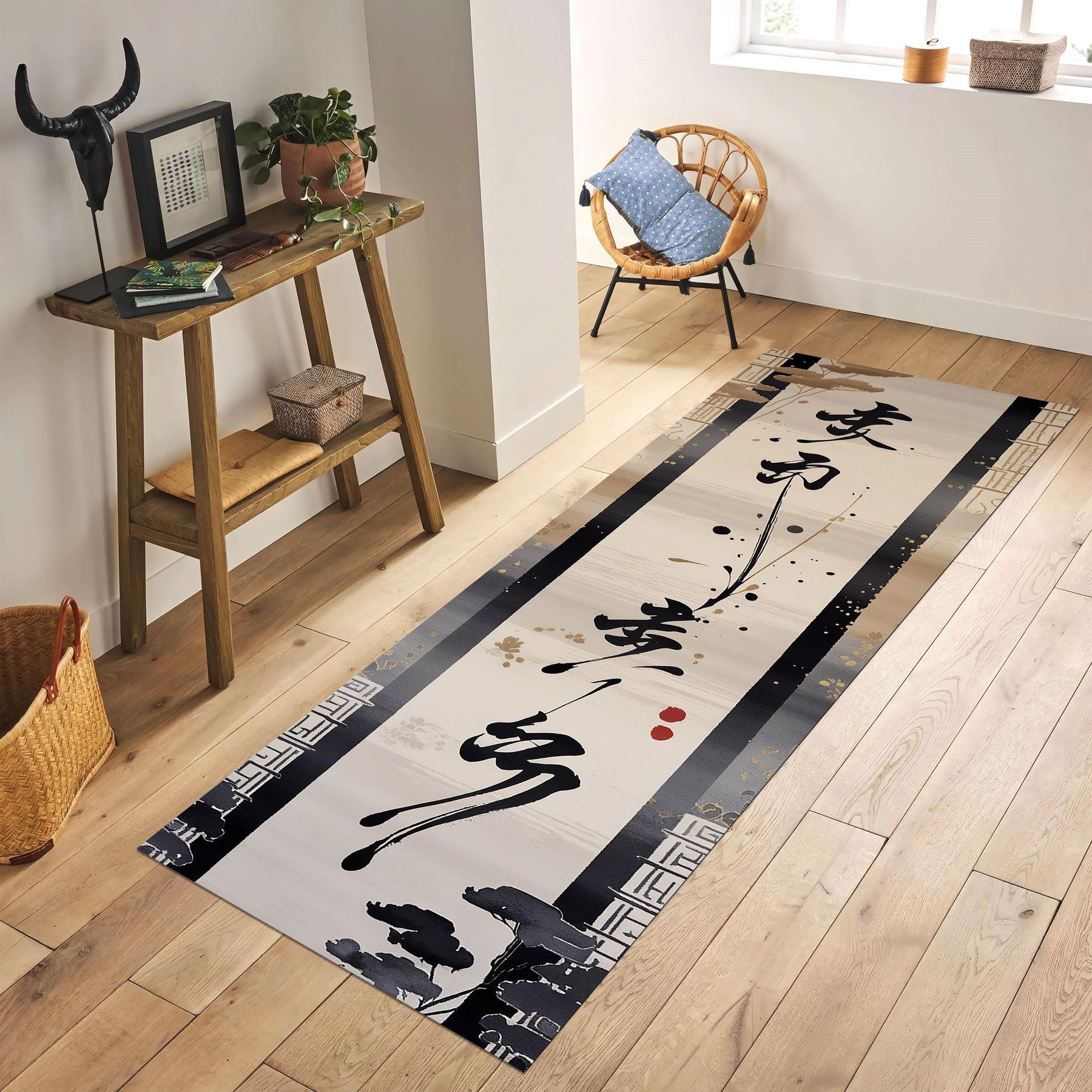 Japanese Calligraphy Runner Rug, Zen Asian Inspired Carpet, Minimalist Brushstroke Hallway Rug, Japandi Wabi-Sabi Decor Rug