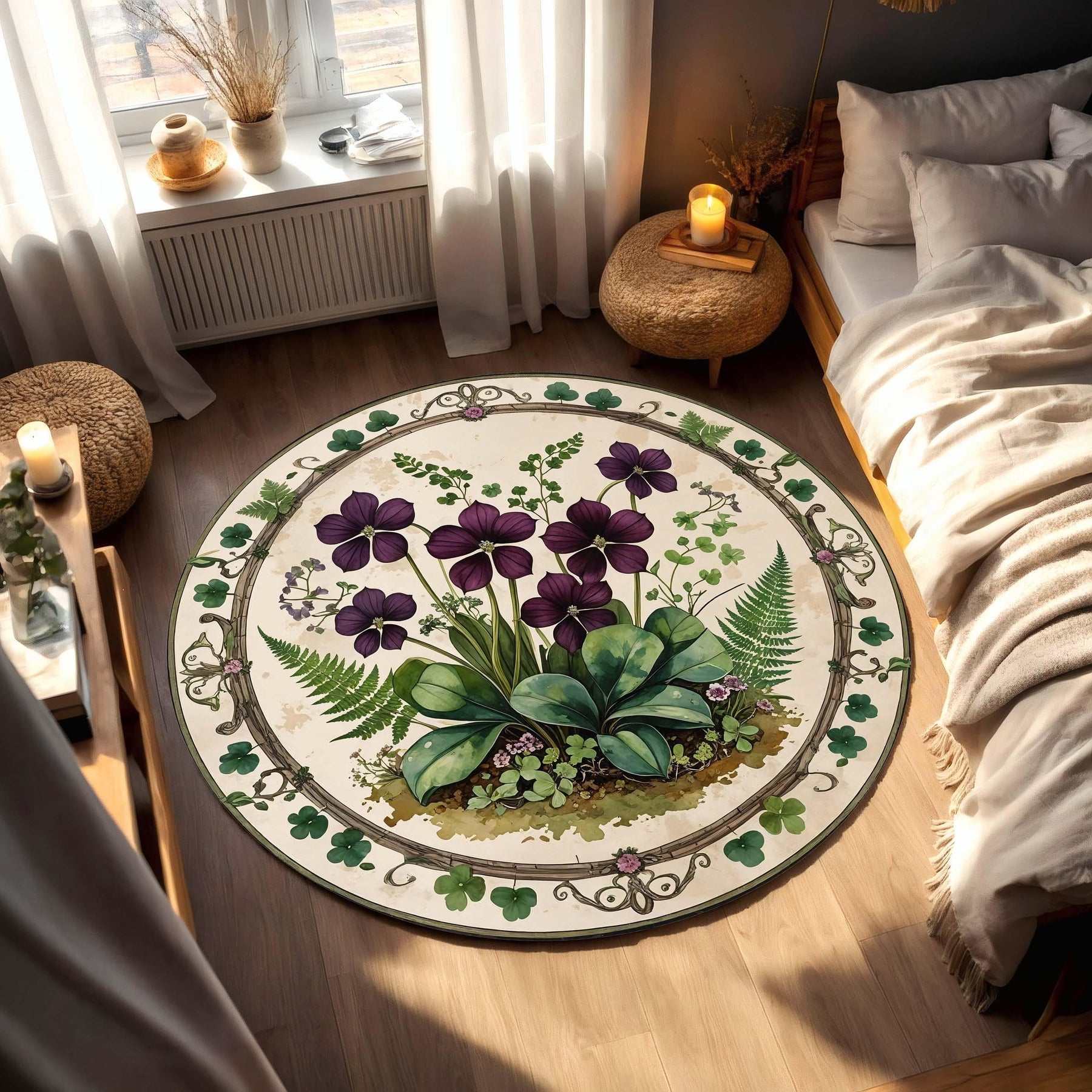 Oxalis Botanical Round Rug, Clover and Purple Shamrock Carpet for Plant Lovers, Cottagecore Botanical Decor for Reading Nook or Sunroom