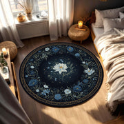 Dark Floral Round Area Rug With Moonlit Botanical Pattern, Vintage Navy Blue Flower Carpet For Living Room Decor, Boho Mystical Floor Mat