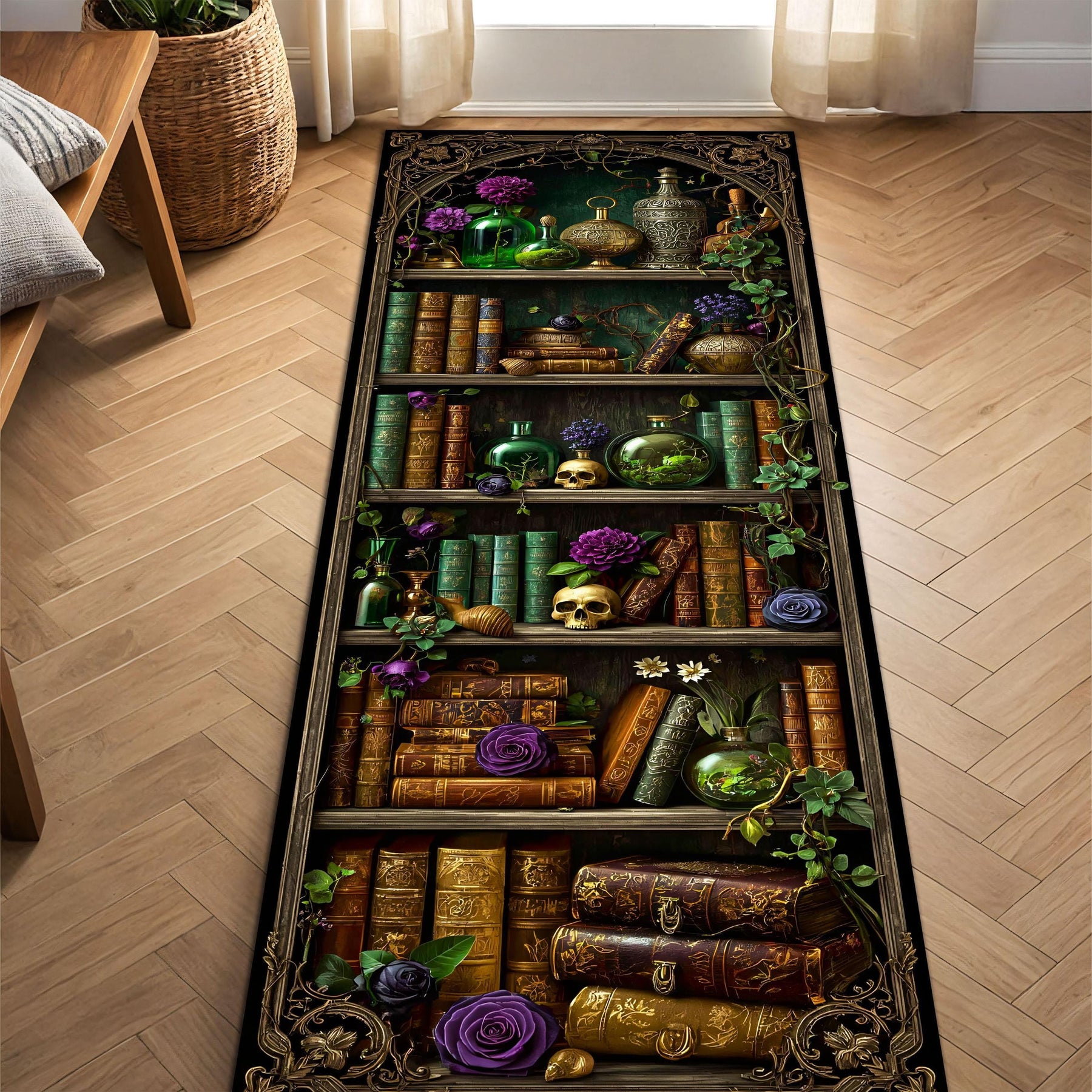Witch Bookshelf Runner Rug, Gothic Witchcore Halloween Potion Shelf Carpet with Skulls, Dark Academia