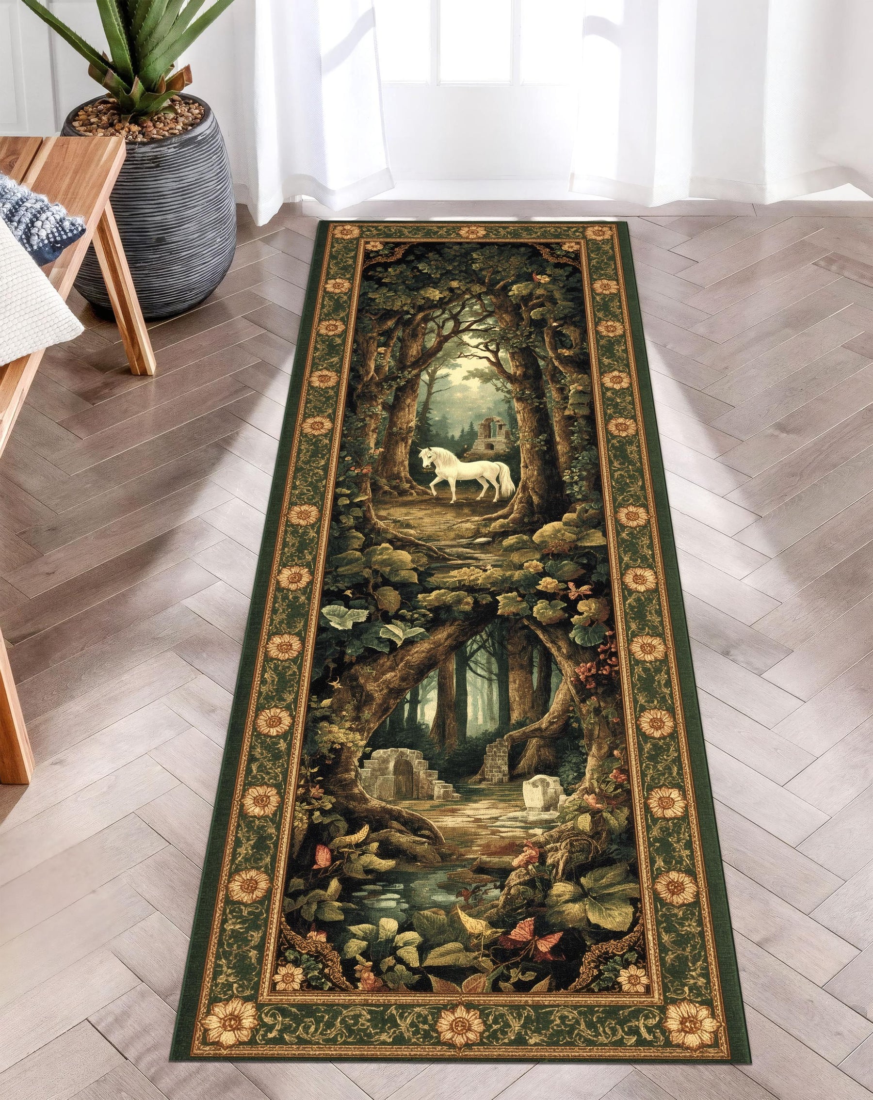 Unicorn Forest Runner Rug, Fantasy Tapestry Rug, Mystical Woodland Decor, Medieval Style Hallway Rug, Enchanted Unicorn Carpet, Washable Rug