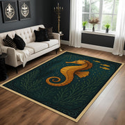 Seahorse Rug With Deep Sea Theme, Golden Nautical Carpet, Dark Teal Marine Decor, Whimsical Ocean Animal Living Room Rug
