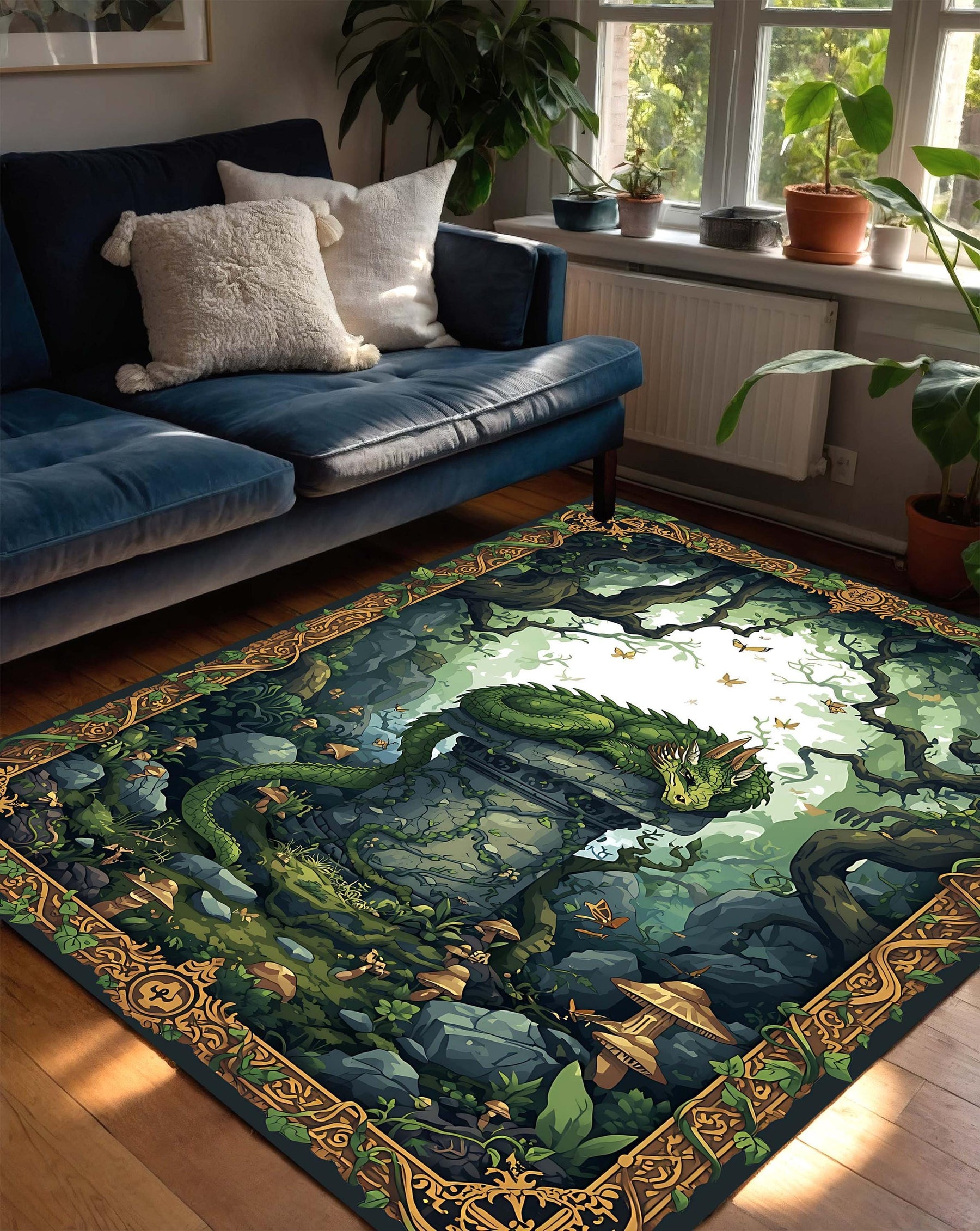 Green Dragon Forest Area Rug with Celtic Border – Fantasy Art Carpet for Living Room Gamer Den DnD Tabletop, Witchcore Cottage Decor Gift