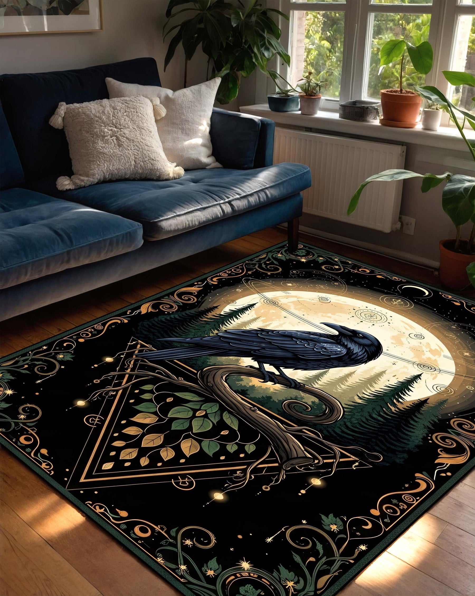 Gothic Raven Rug, Mystical Forest Carpet with Moon and Crow, Dark Aesthetic Rug for Living Room, Witchy Decor Gothic Crowcore Art Area Rug