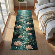 Water Lily Runner Rug, Peaceful Zen Floral Hallway Carpet, Lotus Pond Path Rug, Spa Inspired Tranquil Blue Floor Mat, Floral Hallway Runner