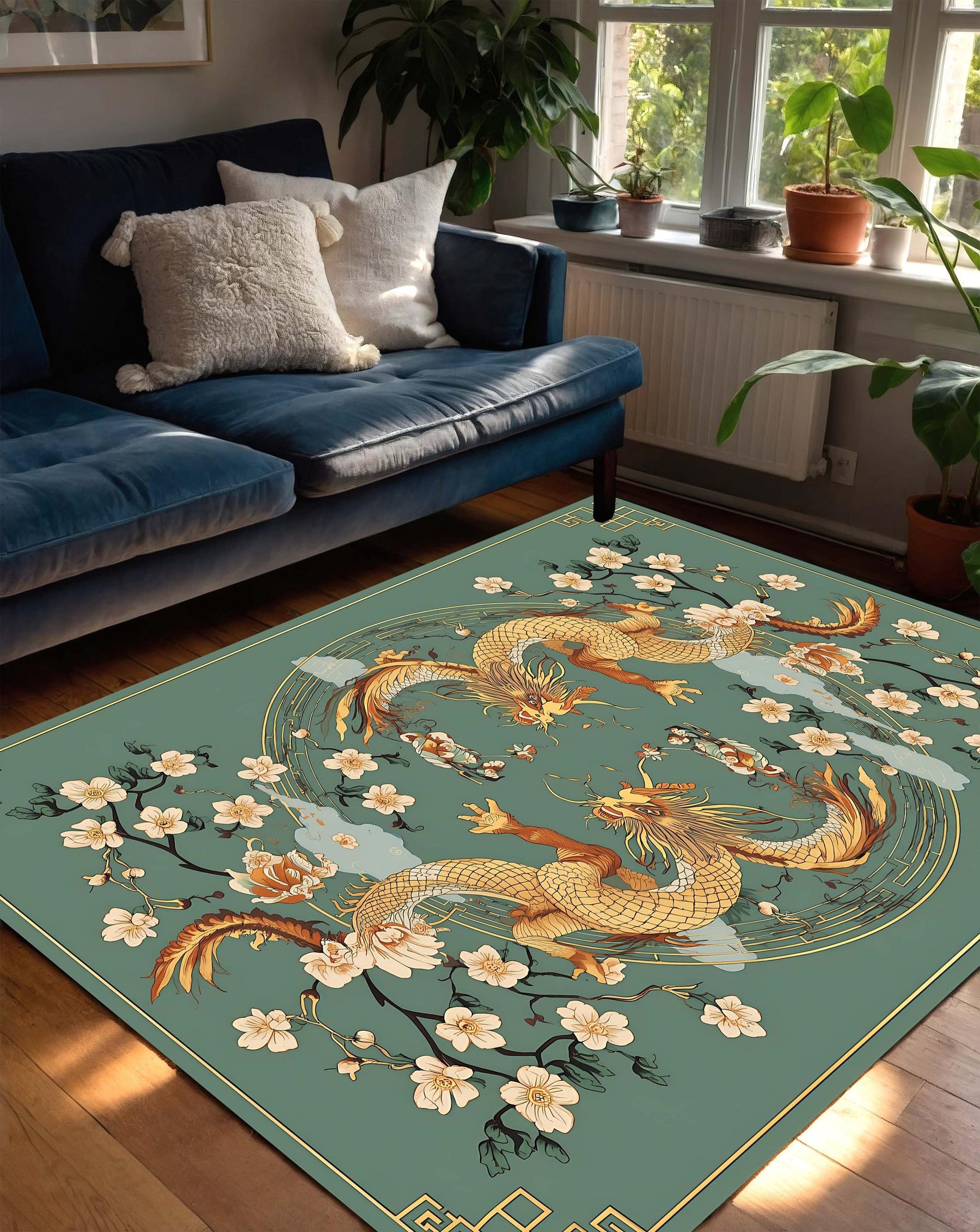Oriental Dragon and Cherry Blossom Rug – Asian Mythology Inspired Art Carpet with Gold Dragon Design for Living Room or Bedroom