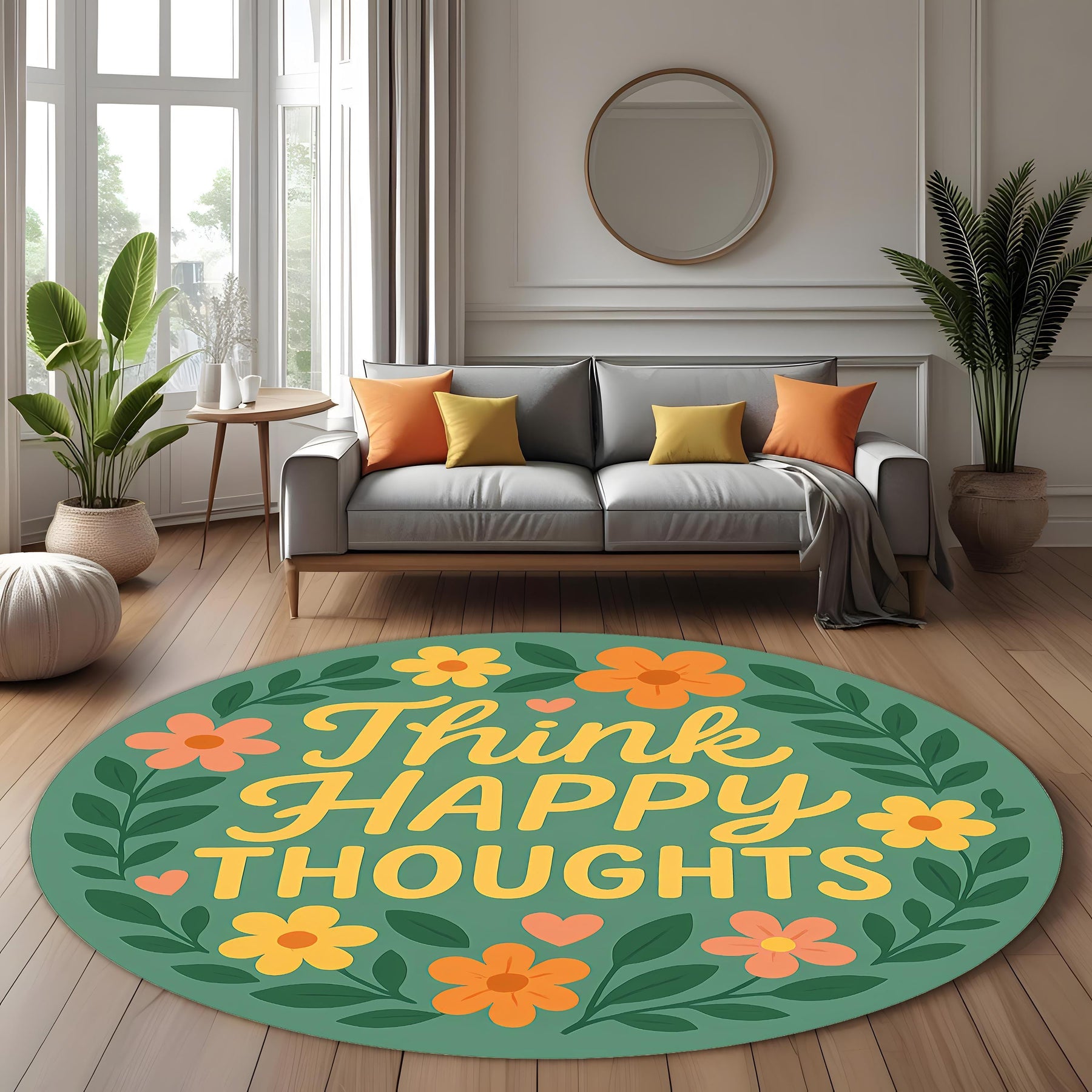 Think Happy Thoughts Round Rug: Positive Affirmation Quote Rug with Florals for Cozy Decor, Gift or Mindful Living Spaces