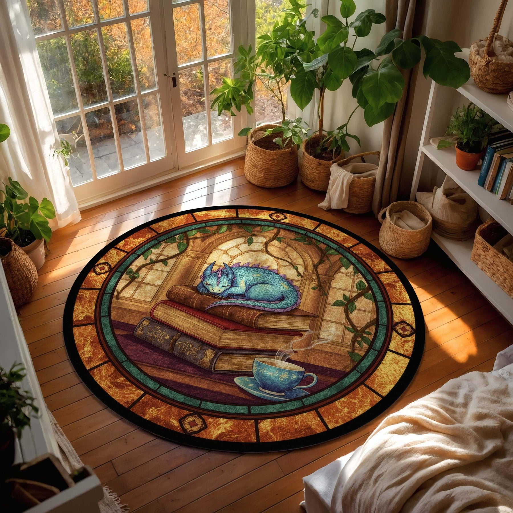 Sleeping Dragon Book Rug, Cozy Fantasy Library Decor with Tea and Books, Round Vitray Style Carpet, Book Lover Gift for Readers and Writers