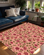 Pink Floral Area Rug with Burgundy Blossoms, Botanical Pattern Carpet for Living Room or Bedroom, Boho Cottagecore Home Decor Accent Mat