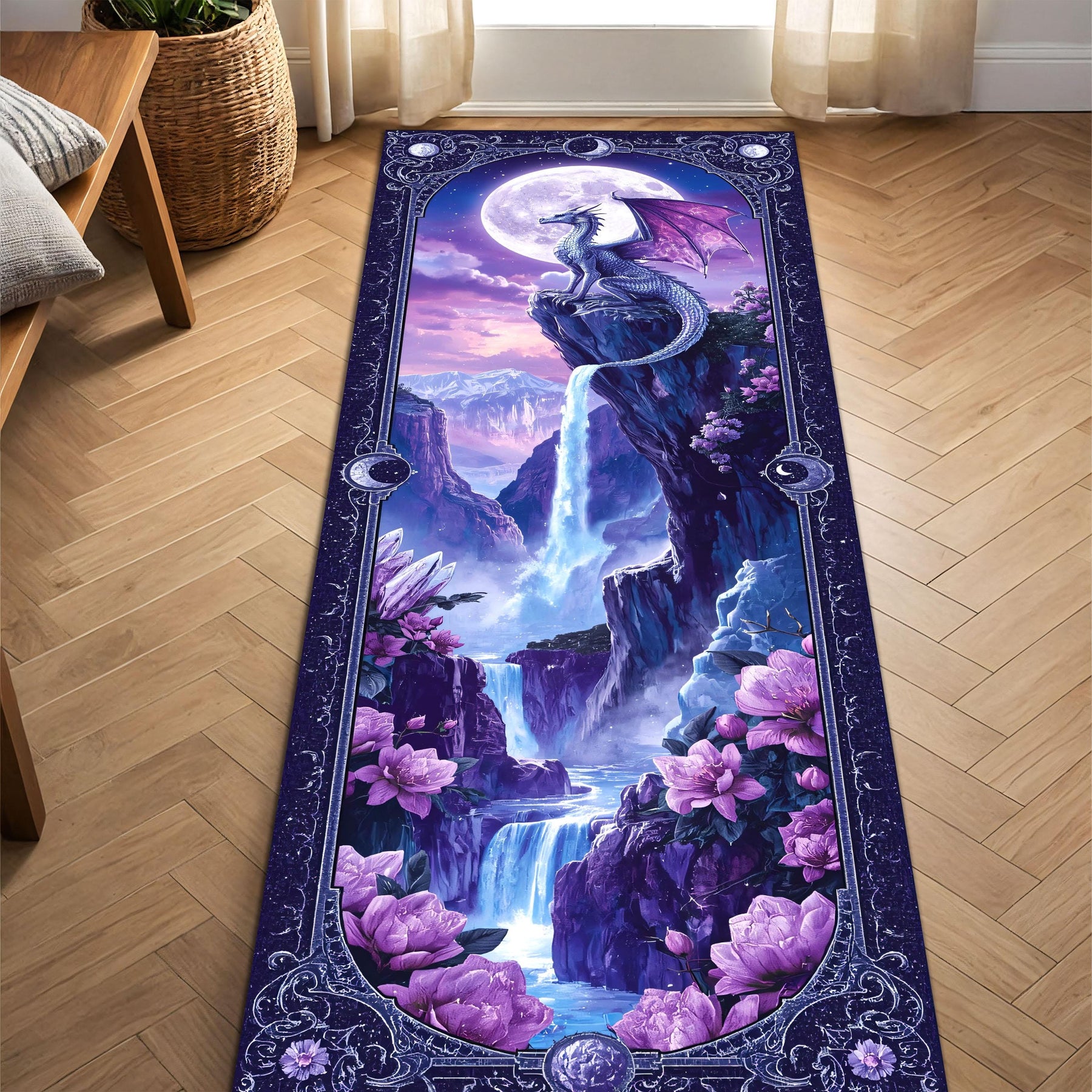 Moonlight Dragon Runner Rug, Fantasy Waterfall Carpet with Purple Crystals and Flowers, Mystical Hallway Decor for Fairycore or Gothic Homes