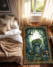 Green Dragon Forest Area Rug with Celtic Border – Fantasy Art Carpet for Living Room Gamer Den DnD Tabletop, Witchcore Cottage Decor Gift