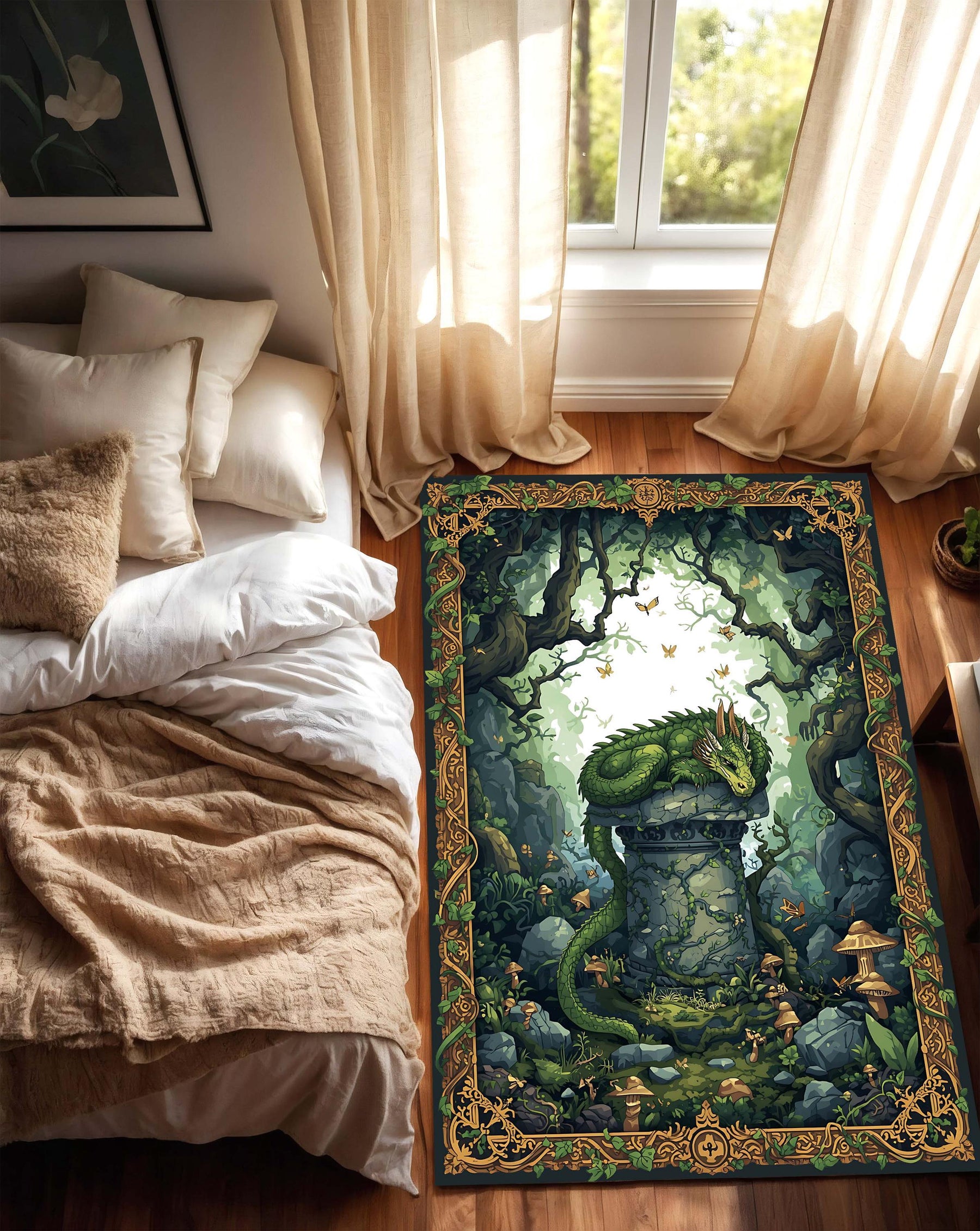 Green Dragon Forest Area Rug with Celtic Border – Fantasy Art Carpet for Living Room Gamer Den DnD Tabletop, Witchcore Cottage Decor Gift