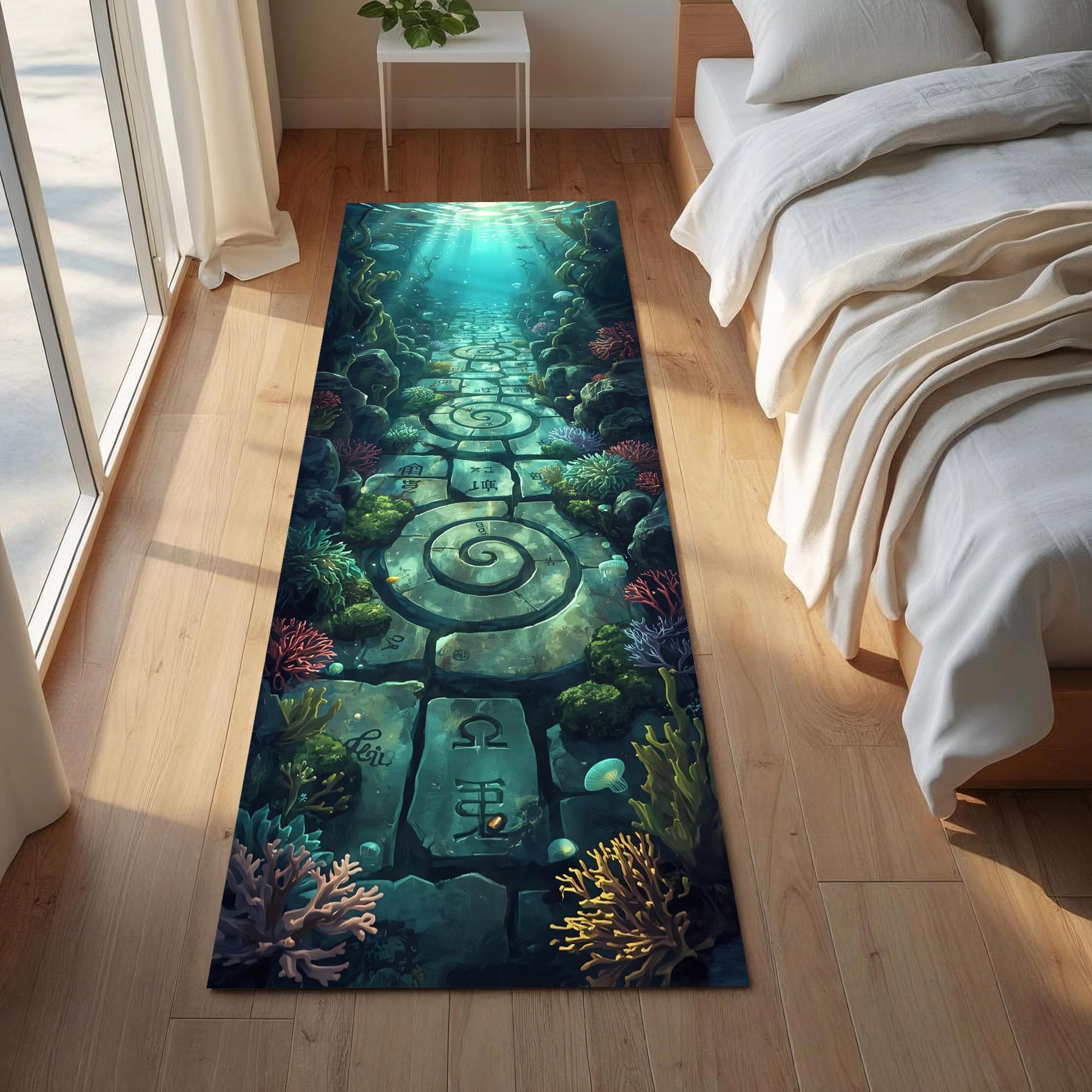 Underwater Spiral Path Runner Rug, Ocean Temple Hallway Carpet, Deep Sea Fantasy Floor Decor