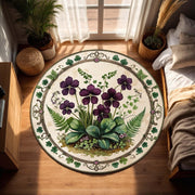 Oxalis Botanical Round Rug, Clover and Purple Shamrock Carpet for Plant Lovers, Cottagecore Botanical Decor for Reading Nook or Sunroom