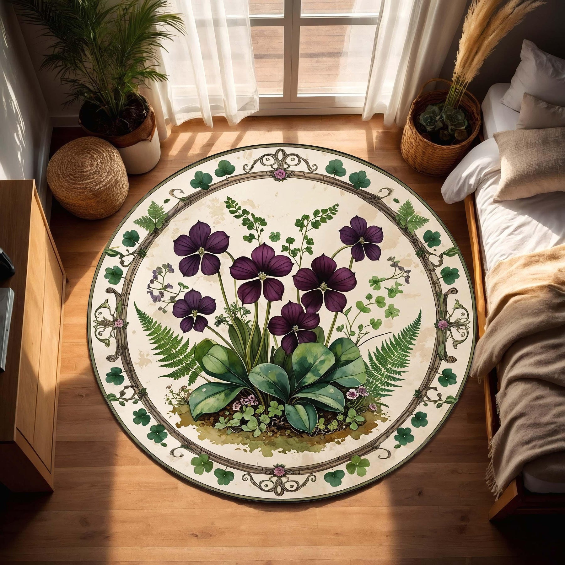 Oxalis Botanical Round Rug, Clover and Purple Shamrock Carpet for Plant Lovers, Cottagecore Botanical Decor for Reading Nook or Sunroom