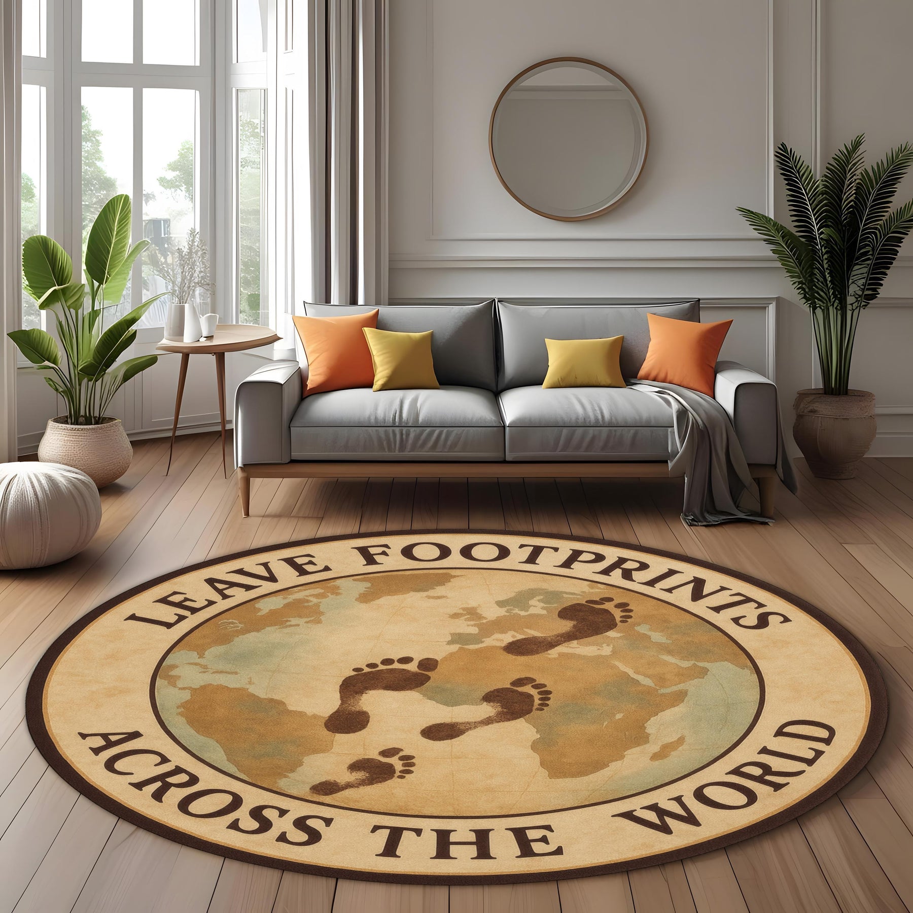 Round Travel Map Carpet with Footprint Design for Global Souls and Wanderlust Decor