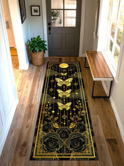 Golden Butterfly Moon Runner Rug, Gothic Celestial Hallway Carpet with Roses and Stars, Elegant Black and Gold Floor Decor for Witchy Homes