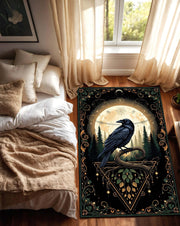 Gothic Raven Rug, Mystical Forest Carpet with Moon and Crow, Dark Aesthetic Rug for Living Room, Witchy Decor Gothic Crowcore Art Area Rug