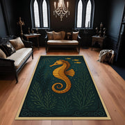 Seahorse Rug With Deep Sea Theme, Golden Nautical Carpet, Dark Teal Marine Decor, Whimsical Ocean Animal Living Room Rug