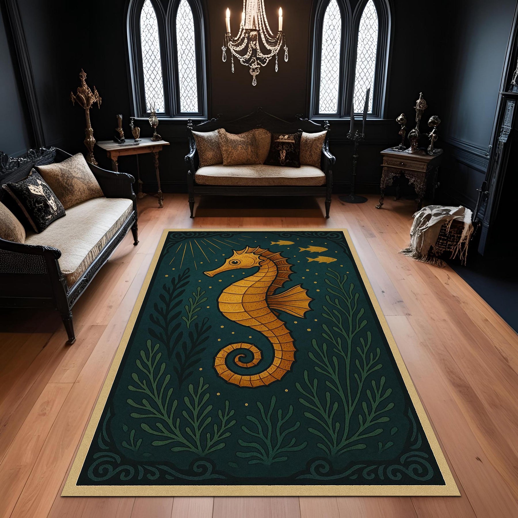 Seahorse Rug With Deep Sea Theme, Golden Nautical Carpet, Dark Teal Marine Decor, Whimsical Ocean Animal Living Room Rug