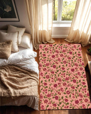 Pink Floral Area Rug with Burgundy Blossoms, Botanical Pattern Carpet for Living Room or Bedroom, Boho Cottagecore Home Decor Accent Mat