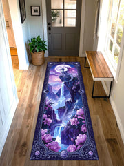 Moonlight Dragon Runner Rug, Fantasy Waterfall Carpet with Purple Crystals and Flowers, Mystical Hallway Decor for Fairycore or Gothic Homes