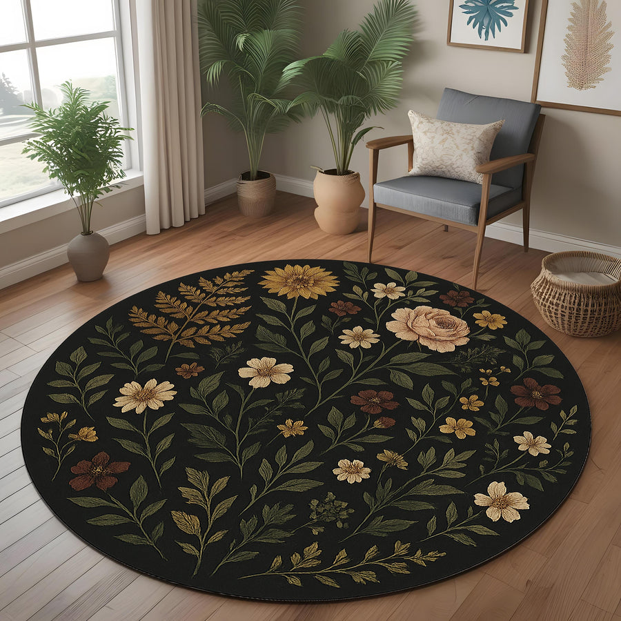 Botanical Round Rug: Dark Floral Rug With Vintage Style Wildflowers for Boho Living Room, Entryway or Nature Inspired Decor