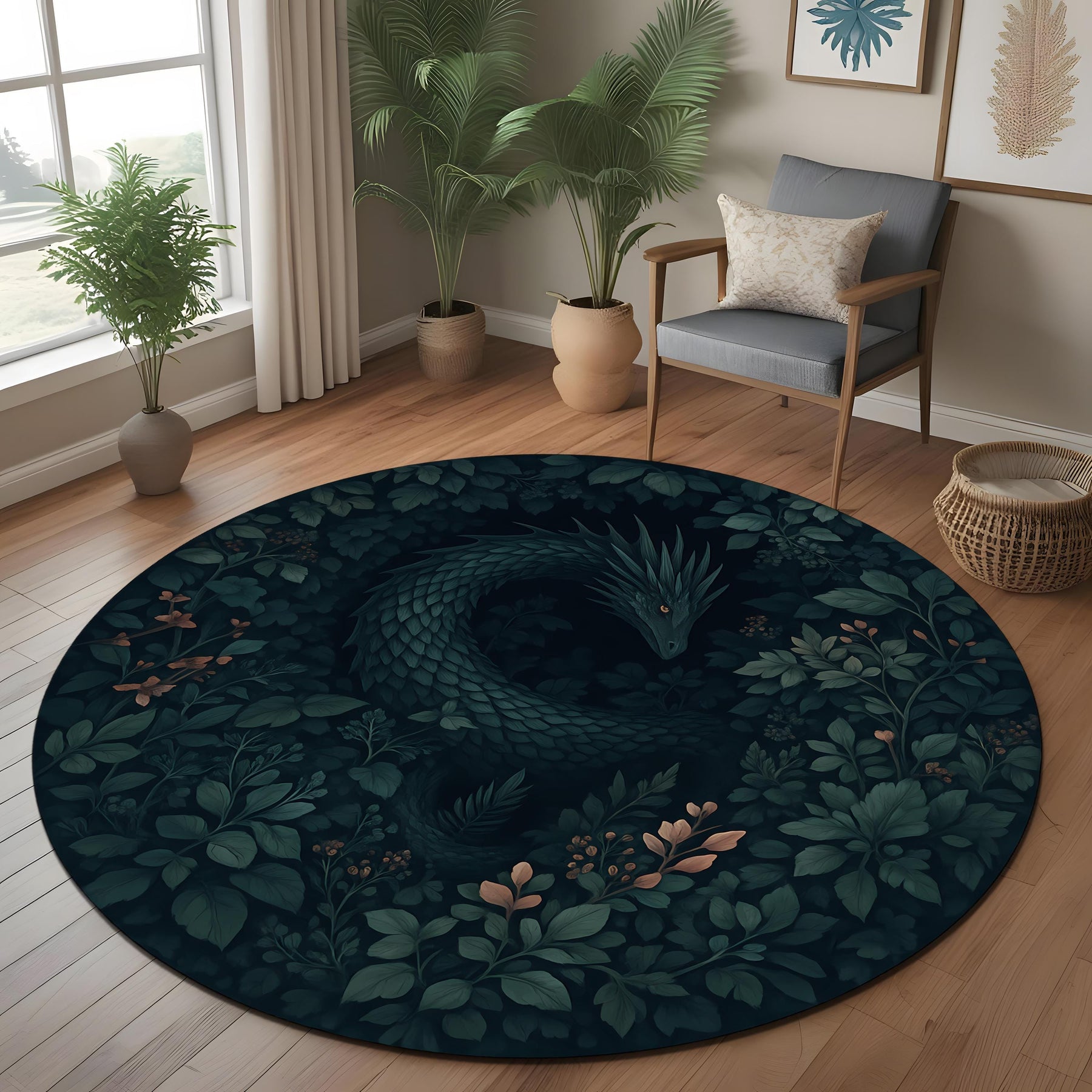 Forest Dragon Round Rug: Dark Botanical Fantasy Rug With Serpent Creature for Witchy Decor or Mystical Nature Inspired Interior