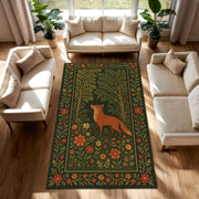 Fox Forest Rug, Autumn Woodland Animal Carpet, Cozy Rustic Cabin Decor, Botanical Orange Fox Area Rug for Nature Inspired Fall Living Room