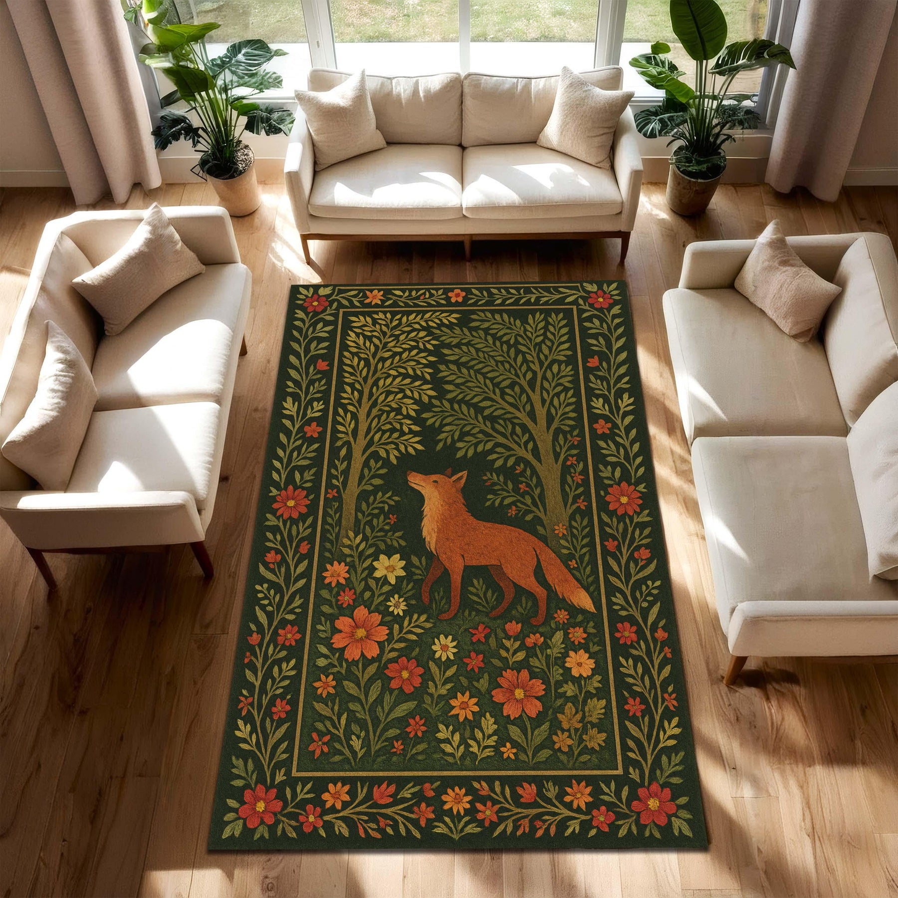 Fox Forest Rug, Autumn Woodland Animal Carpet, Cozy Rustic Cabin Decor, Botanical Orange Fox Area Rug for Nature Inspired Fall Living Room