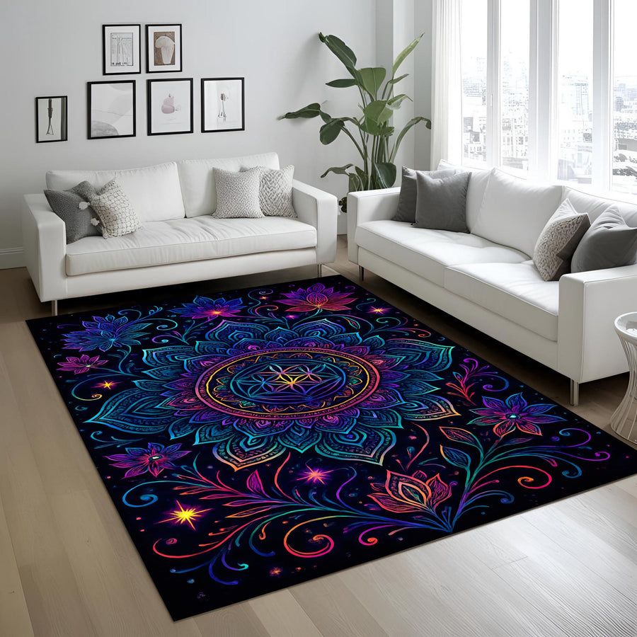 Neon Mandala Rug: Psychedelic Floral Pattern with Radiant Glow, Spiritual Boho Carpet for Living Room or Meditation Space