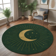 Mid Century Celestial Round Rug: Green Crescent Moon and Star Design for Astrology Decor, Witchy Room or Modern Mystic Spaces