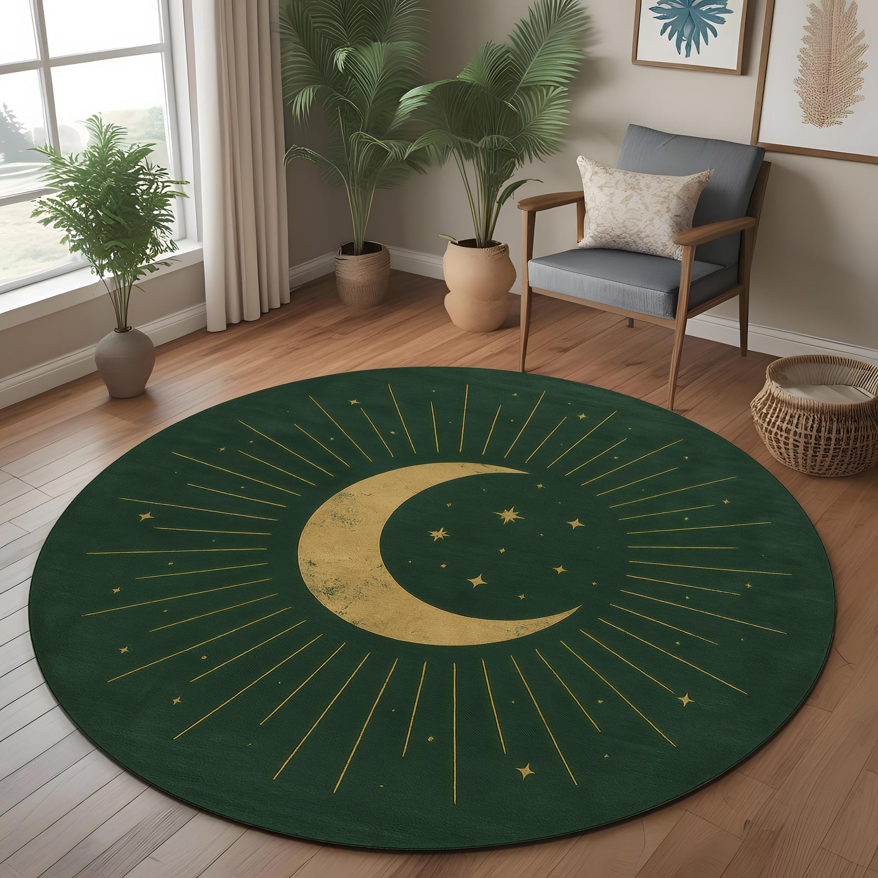 Mid Century Celestial Round Rug: Green Crescent Moon and Star Design for Astrology Decor, Witchy Room or Modern Mystic Spaces