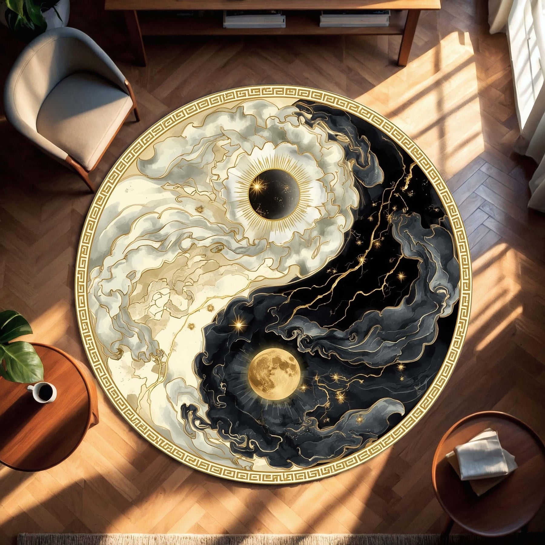 Celestial Yin Yang Round Rug, Black And Gold Sun Moon Carpet, Cosmic Balance Mandala Rug, Spiritual Modern Boho Floor Art