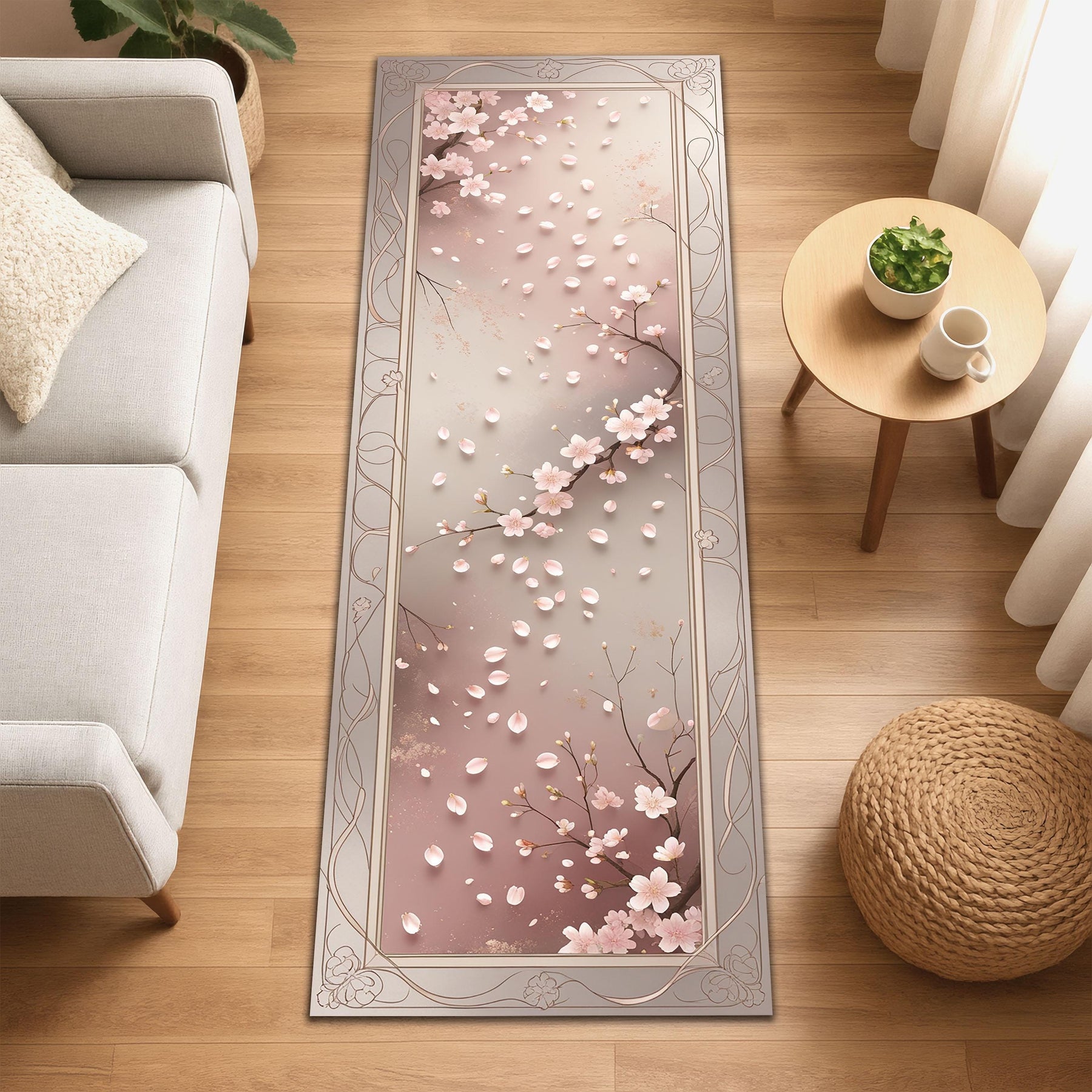 Elegant Sakura Runner Rug, Pastel Cherry Blossom Rug, Spring Hallway Carpet, Japandi Zen Floral Decor, Soft Pink Nature-Inspired Rug