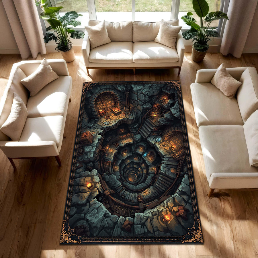 Dwarf Mine Fantasy Rug for Living Room, 3D Illusion Dungeon Carpet for Gamers, Geeky Dwarven Mine Home Decor with Medieval Adventure Style,