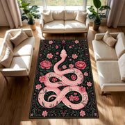 Pink Snake Floral Rug with Botanical Vines and Dark Background, Serpent Area Carpet for Boho Gothic Living Room or Bedroom Decor