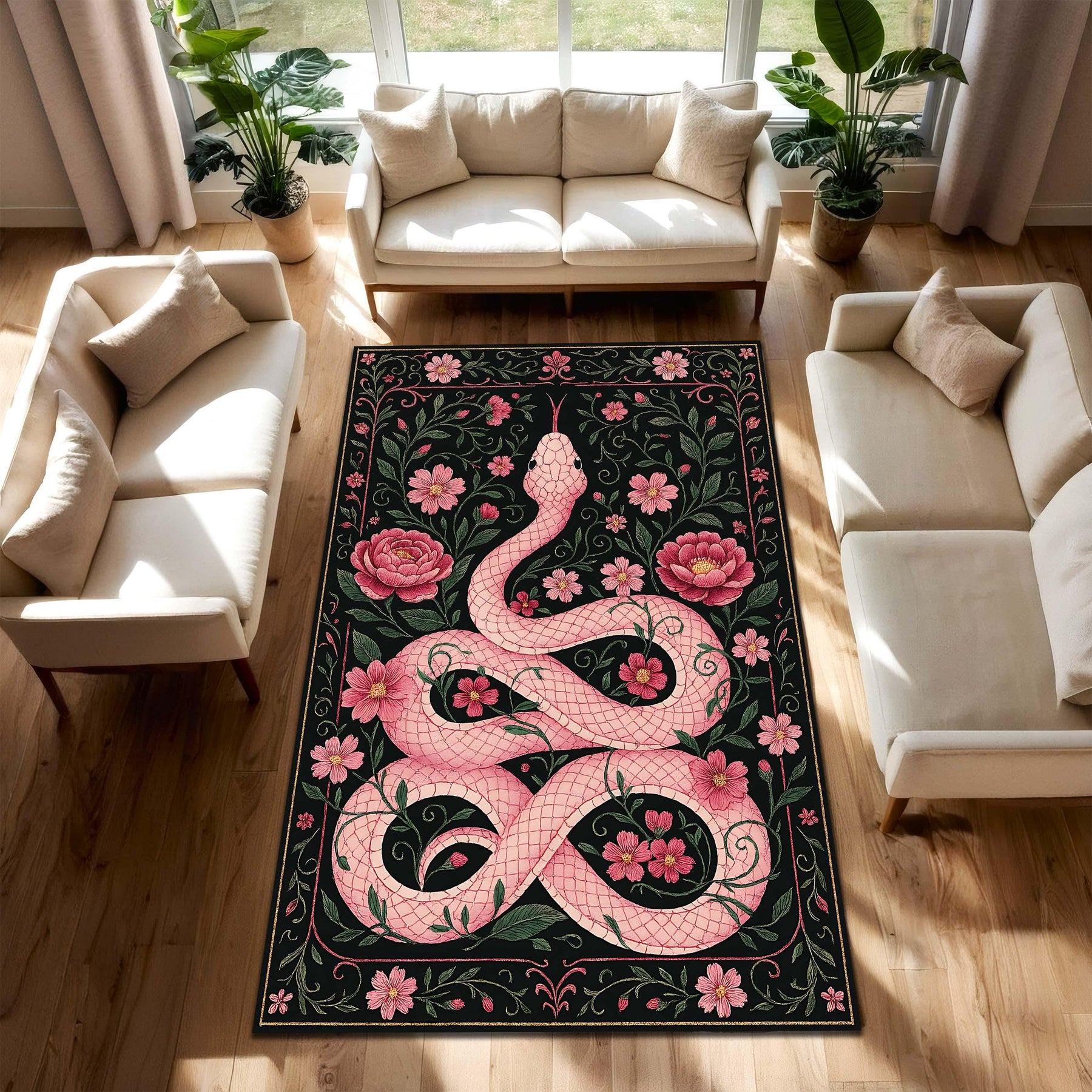 Pink Snake Floral Rug with Botanical Vines and Dark Background, Serpent Area Carpet for Boho Gothic Living Room or Bedroom Decor