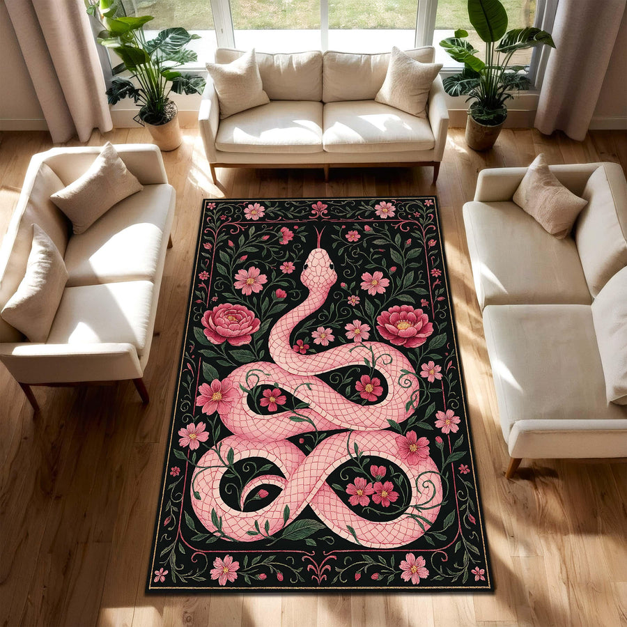 Pink Snake Floral Rug with Botanical Vines and Dark Background, Serpent Area Carpet for Boho Gothic Living Room or Bedroom Decor