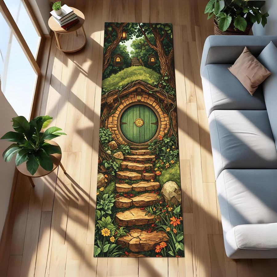 Hobbit Door Runner Rug, Fantasy Cottagecore Hallway Carpet with Stone Path and Green Round Door, Whimsical Nature Floor Decor for Entryway