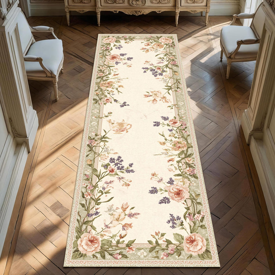 Romantic French Country Runner Rug for Hallway, Vintage Cottagecore Embroidered Look Mat, Pink Green Shabby Floral Decor