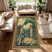 Medieval Castlecore Tapestry Style Fantasy Rug with Knight and Dragon Scene – Vintage Style Area Carpet for Living Room or Bedroom Decor