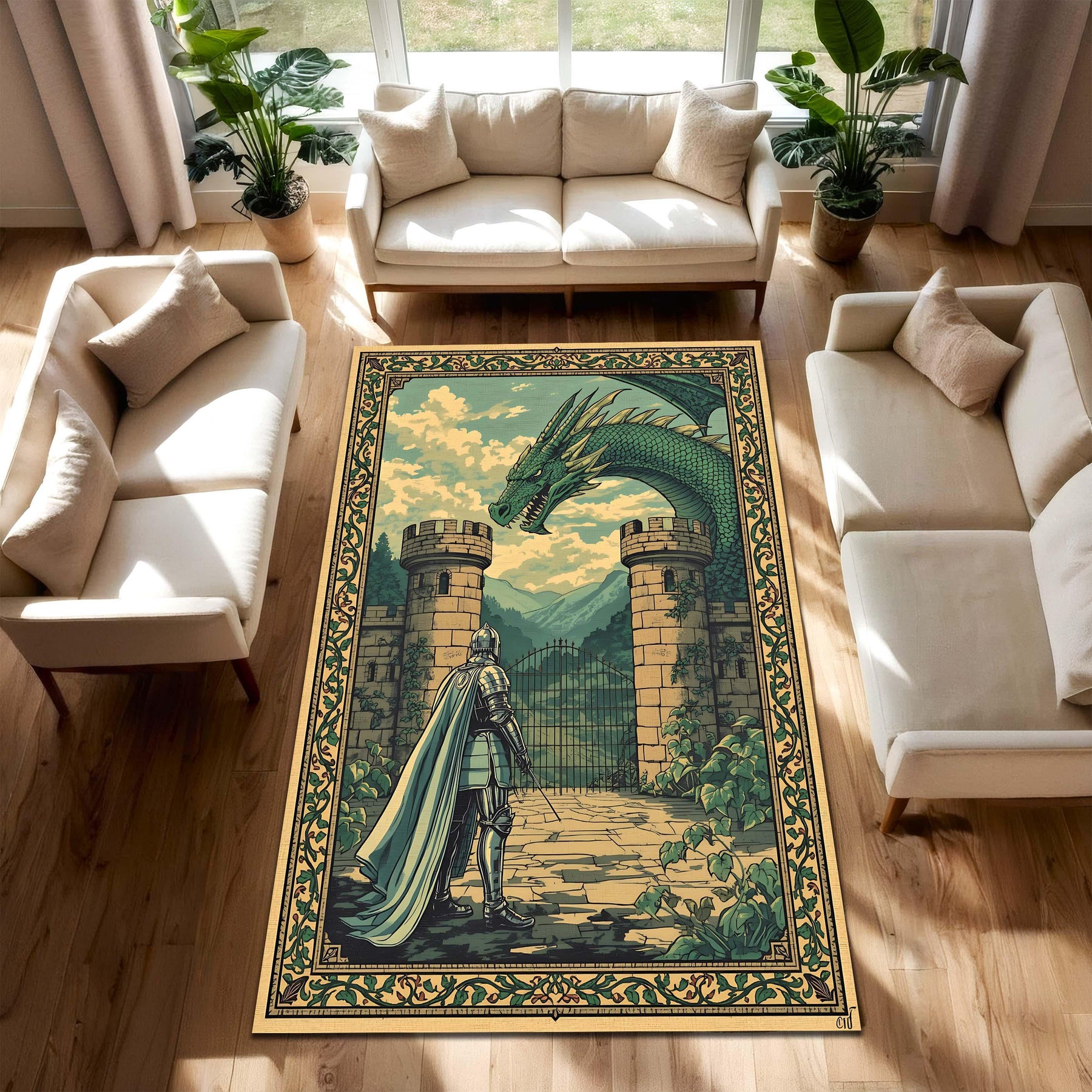 Medieval Castlecore Tapestry Style Fantasy Rug with Knight and Dragon Scene – Vintage Style Area Carpet for Living Room or Bedroom Decor