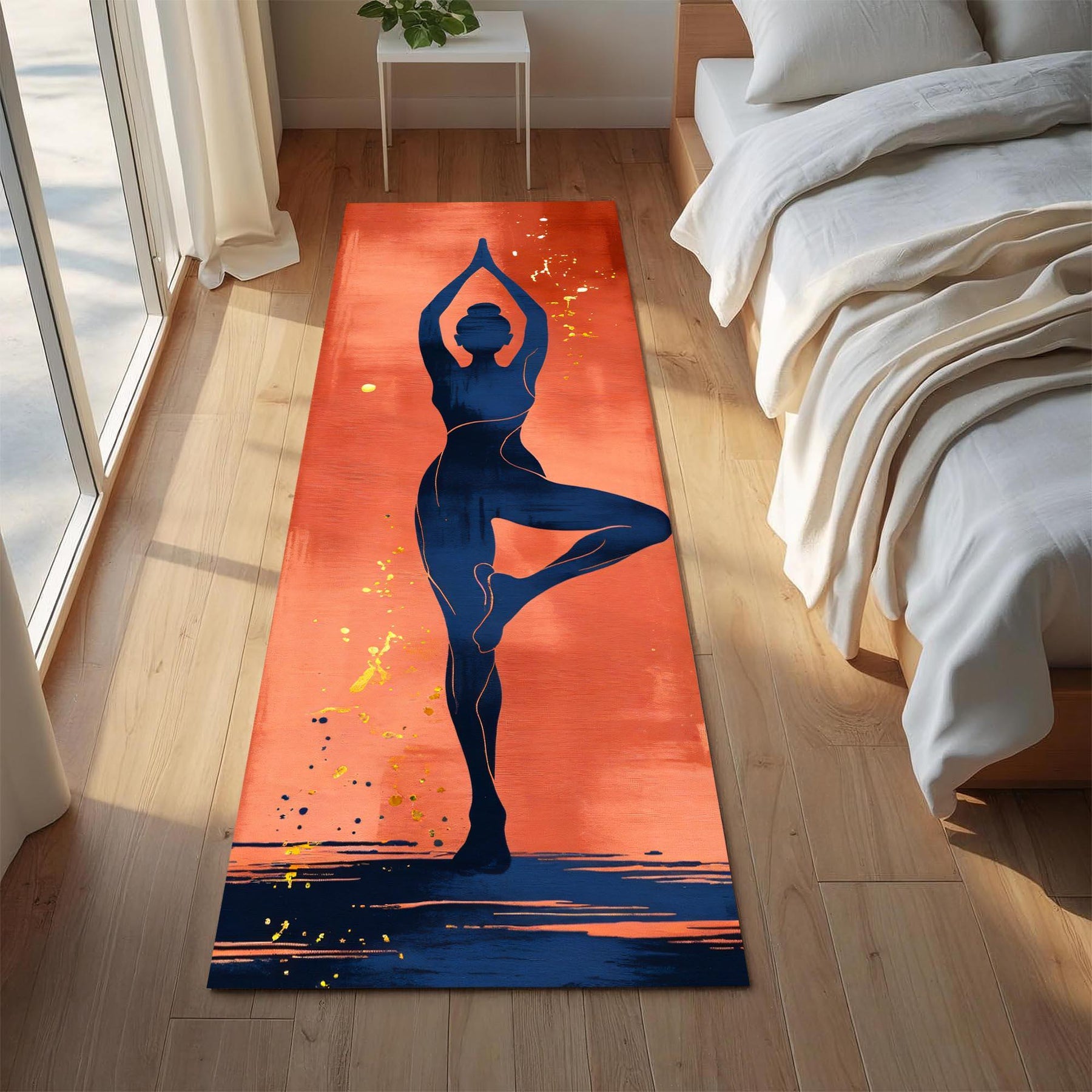 Yoga Pose Runner Rug, Abstract Woman Yoga Mat for Meditation, Modern Zen Fitness Carpet, Minimalist Home Workout Floor Decor for Yoga Spaces