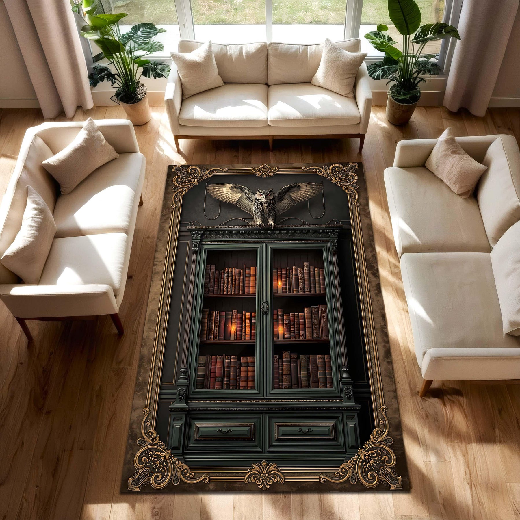 Dark Academia Gothic Library Rug with Antique Bookshelf Owl and Candlelight Cabinet Illusion Area Carpet for Study or Living Room Decor