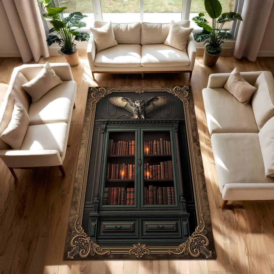 Dark Academia Gothic Library Rug with Antique Bookshelf Owl and Candlelight Cabinet Illusion Area Carpet for Study or Living Room Decor