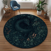 Forest Dragon Round Rug: Dark Botanical Fantasy Rug With Serpent Creature for Witchy Decor or Mystical Nature Inspired Interior
