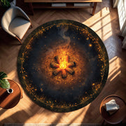 Round Campfire Rug – Cozy Bonfire Floor Mat, Rustic Boho Fireplace Style, Soft Washable Area Carpet for Living Room Bedroom and Cabin Decor