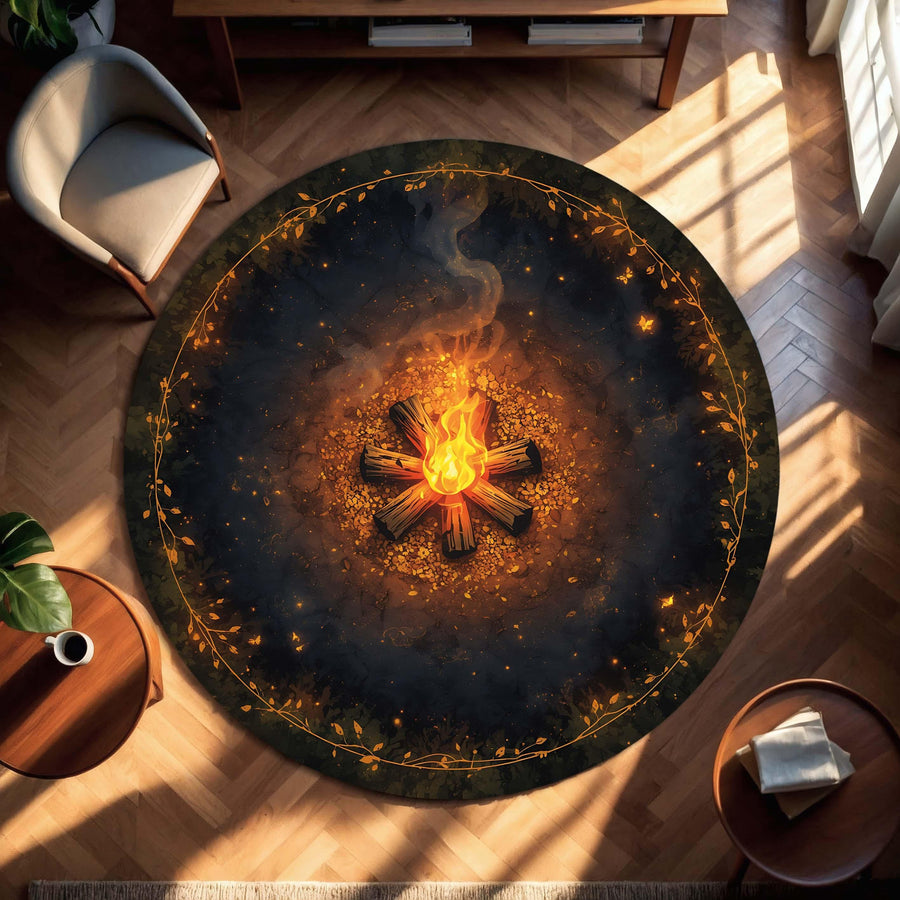 Round Campfire Rug – Cozy Bonfire Floor Mat, Rustic Boho Fireplace Style, Soft Washable Area Carpet for Living Room Bedroom and Cabin Decor